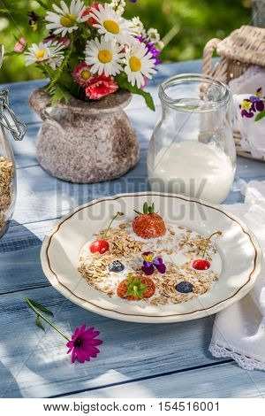 Countryside breakfast in the garden on old wooden table