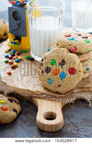 Chocolate chip and candy cookies with milk