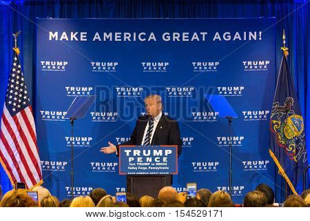 King of Prussia PA - November 1 2016: Donald Trump campaigning for President promises criticizes Obamacare during campaign stop near Valley Forge in Pennsylvania.