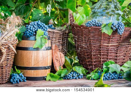 Grapes demijohn and wicker baskets on old wooden table