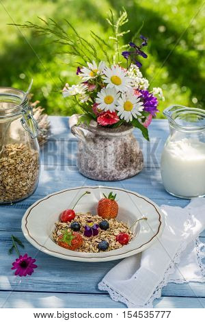 Fresh Fruit With Oat Flakes And Milk