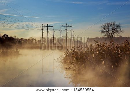 Dawn on the river autumn mist sky river