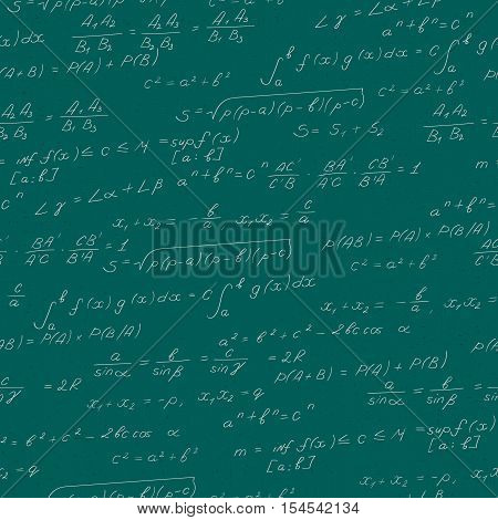 Seamless pattern on the theme of the subject of mathematics formulas theorems light characters on a green background