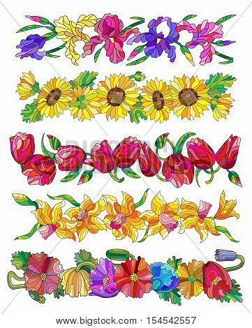 Set of floral compositions in the stained glass style on a white backgroundflowers without a common it is possible to move
