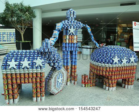 UNIONDALE, NEW YORK - NOVEMBER 1, 2016: Food sculpture presented at 10th Annual Long Island Canstruction competition in Uniondale. Teams build large scale sculptures out of canned food for food drive