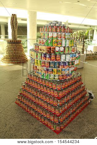 UNIONDALE, NEW YORK - NOVEMBER 1, 2016: Food sculpture presented at 10th Annual Long Island Canstruction competition in Uniondale. Teams build large scale sculptures out of canned food for food drive