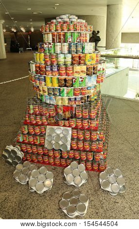 UNIONDALE, NEW YORK - NOVEMBER 1, 2016: Food sculpture presented at 10th Annual Long Island Canstruction competition in Uniondale. Teams build large scale sculptures out of canned food for food drive