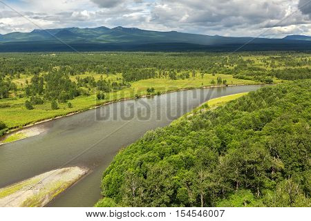 River Zhupanova. Kronotsky Nature Reserve on Kamchatka Peninsula. View from helicopter.