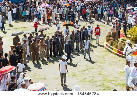 Gondar Ethiopia - January 19 2016: Local authorities attends the procession in the annual religious celebration of Timket (epiphany)