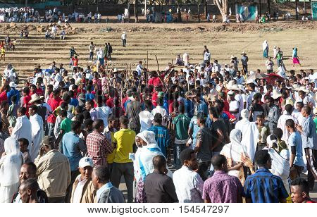 Gondar Ethiopia - January 19 2016: A crowd of local faithfuls attends the procession in the annual religious celebration of Timket (epiphany)