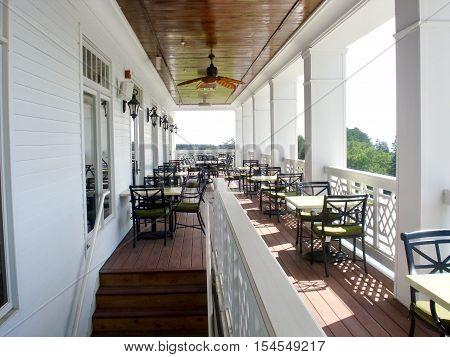 Outdoor empty patio dining on a summer day
