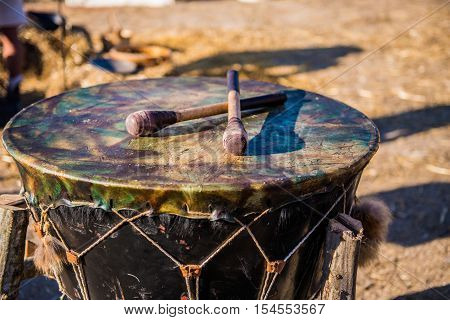 Traditional leather drums ethnic ancient drum dark green skin