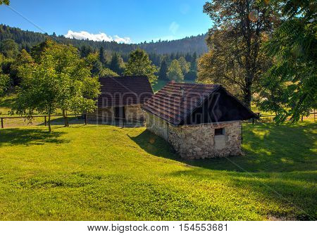 View of mountain hut in the Kočevski Rog also called Kočevje Rog Slovenia