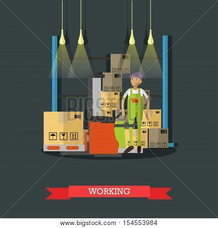 Logistic and delivery service concept banner. Warehouse workers. Vector illustration in flat cartoon style design. Delivery man working in warehouse and shipping products.