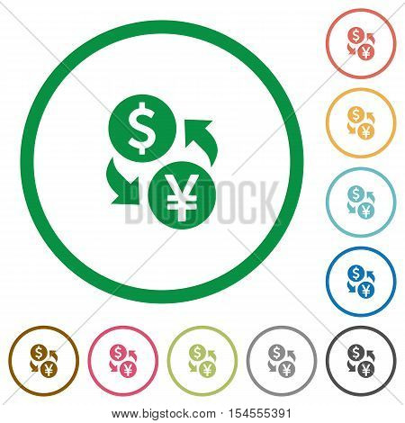 Dollar Yen exchange flat color icons in round outlines