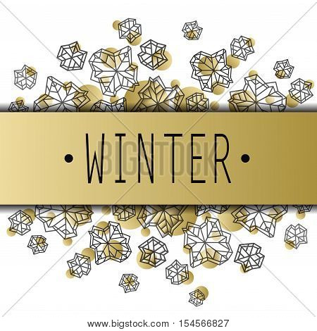 Horizontal border frame with winter label. Polygonal trendy style snowflakes on white gold background. Winter holidays snowfall concept. Vector illustration stock vector.