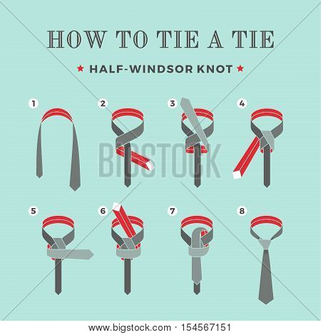 Instructions on how to tie a tie on the turquoise background of the eight steps. Half-Windsor knot . Vector Illustration