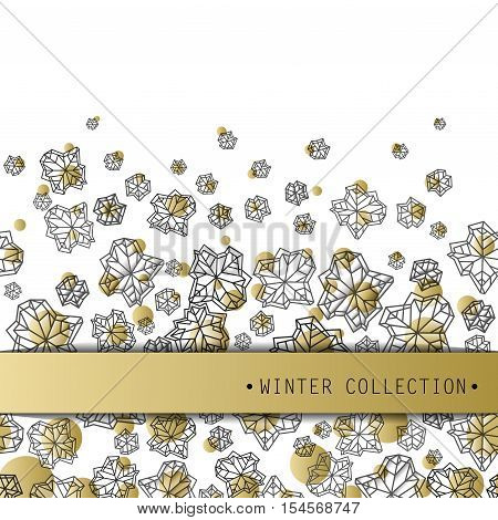 Horizontal seamless border with winter label. Polygonal trendy style snowflakes on white gold background. Winter holidays snowfall concept. Vector illustration stock vector.
