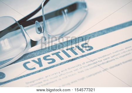 Cystitis - Medical Concept on Blue Background with Blurred Text and Composition of Glasses. Cystitis - Medicine Concept with Blurred Text and Glasses on Blue Background. Selective Focus. 3D Rendering.