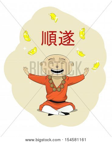 Fun asian monk who wish every body prosperity. Hieroglyph on the top meens Prosperity. It can be used as festive illustration