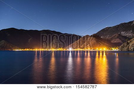 night sky under Adrasan bay. Adrasan village location, District of Kemer, Antalya Province, Turkey