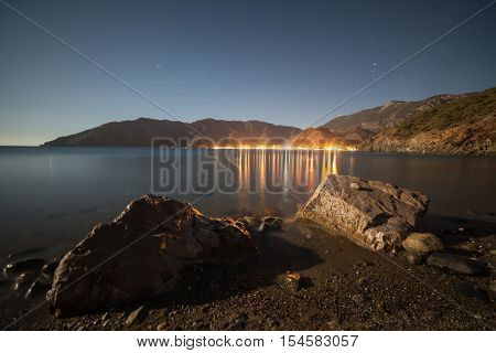 night sky under Adrasan bay. Adrasan village location, District of Kemer, Antalya Province, Turkey