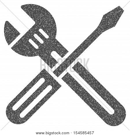 Spanner and Screwdriver grainy textured icon for overlay watermark stamps. Flat symbol with dirty texture. Dotted vector gray ink rubber seal stamp with grunge design on a white background.