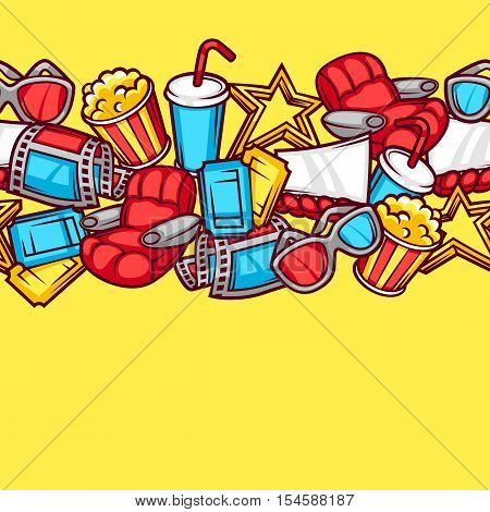 Seamless pattern of 3d movie elements and cinema objects in cartoon style.