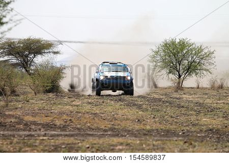Front View Close-up Of Racing Blue And White Vw Amarok Twin Cab Rally Car