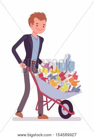 Businessman pushing a wheelbarrow full of likes. Cartoon vector flat-style concept illustration