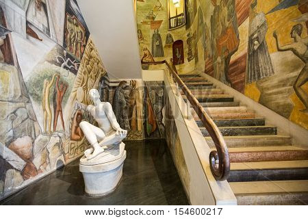 PADUA, ITALY - MAY3, 2016: Palazzo Bo marble entrance stair made by the italian architect Gio Ponti at the historical building home of the Padova University from 1539 in Padua.