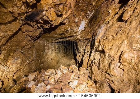 Old abandoned amethyst mine tunnel Ural Talyan
