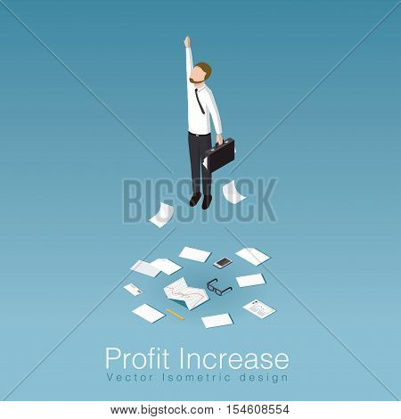 Profit increase and business success isometric concept vector illustration. Business man has unexpected a big profit and got his business extended.