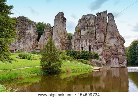 The Externsteine striking sandstone rock formation in the Teutoburg Forest Germany North Rhine Westphalia