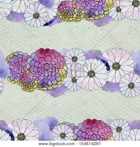 Seamless floral pattern with asters and daisy flowers. Floral watercolor background.