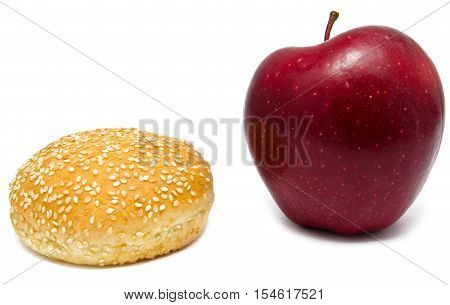 apple and humburger isolated on white background
