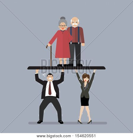 Workers carry Pensioners. Aging population problem vector illustration