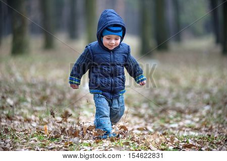 kid running in the outumn forest. Boy happy running in fallen leaves to his mother.