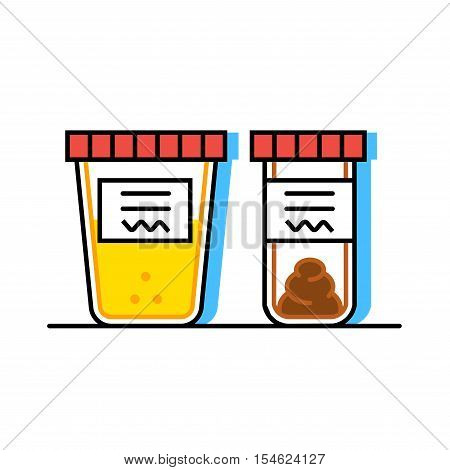Vector illustration of urine and fecal analysis. Flat style. Containers for analysis isolated on white background.