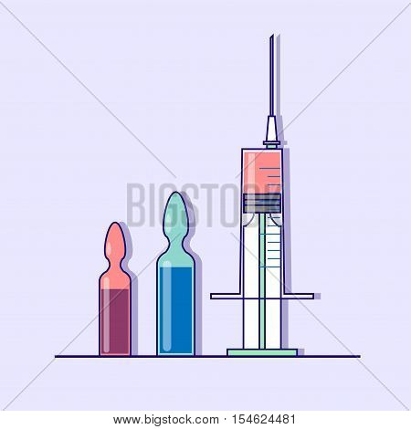 Modern vector illustration of painkillers injection. Flat style. Medical injection syringe with liquid . Ampule with liquid isolated on blue background.