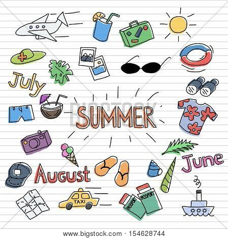 Summertime doodle design symbols vector objects set