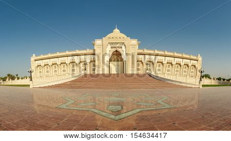 SHARJAH, UAE - OCTOBER 10, 2016: A typical Traditional arabic architecture of the Cultural Palace in Sharjah in high resolution panorama