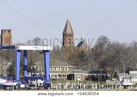 Fairhaven Massachusetts USA - November 29 2014: Clock tower of Fairhaven town hall overlooking Fairhaven waterfront