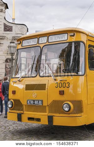 Saint Petersburg Russia September 17 2016: Old yellow bus parked in St. Petersburg Russia