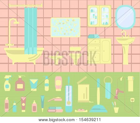 Bathroom interior and set of bath icons. Simple elements for infographic in flat design. Vector Isolated