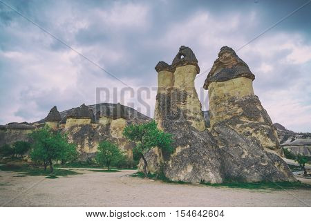 Famous mushroom valley in Cappadocia, Turkey. Toned like Instagram filter