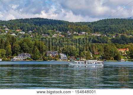 Landscape of the Worthersee lake with ship Carinthia Austria