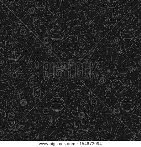 Cute Merry Christmas Seamless Pattern with Winter Holiday Symbols. Black and White, Monochrome line art design. Vector Stock Illustration.