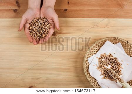Excellent different cereals on a wooden background.