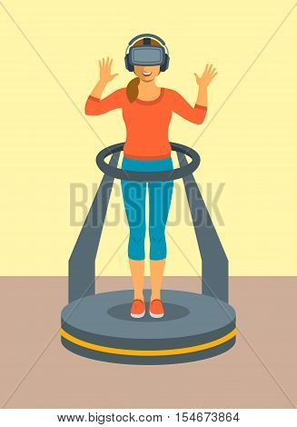 Young woman in virtual reality glasses standing on game controller platform simulator. Flat vector illustration. Virtual 3d technology devices for entertainment. Electronic gaming equipment